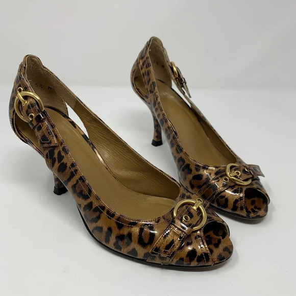 Stuart Weitzman Cheetah Peep‎ Toe Buckle Heels - Picture 1 of 8